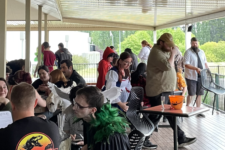 Group of people in costumes at a gathering on a wooden deck.