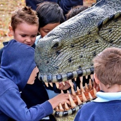 Group of kids playing touching dinosaur tooth