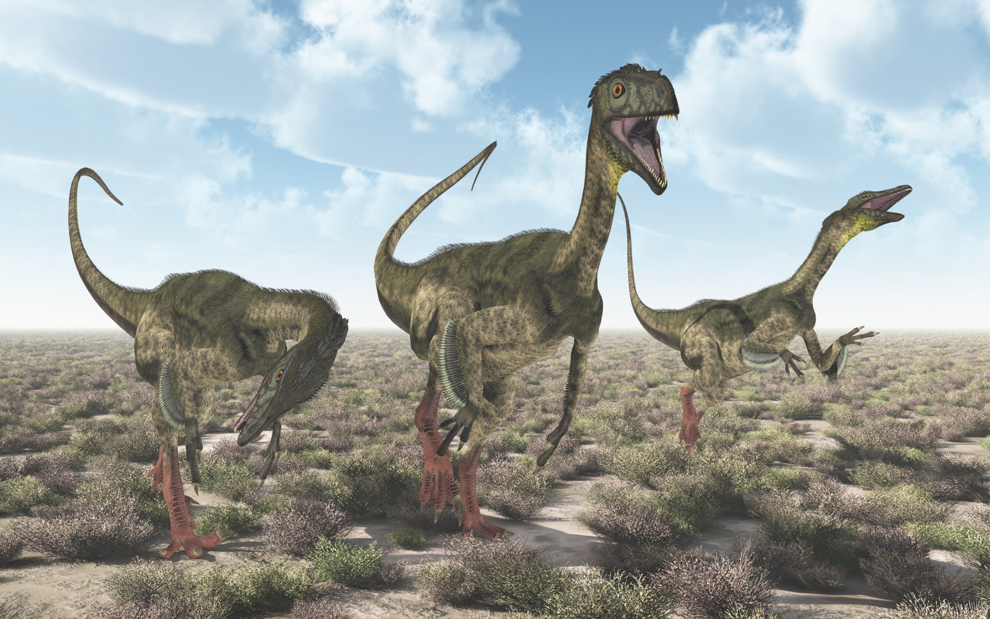 Dinosaur Ornitholestes in a landscape 3D illustration with the dinosaur Ornitholestes in a landscape