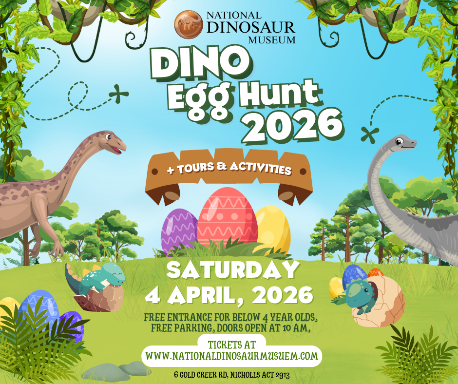 Dinosaur-themed event poster for Dino Egg Hunt 2026 with colorful eggs and cartoon dinosaurs.