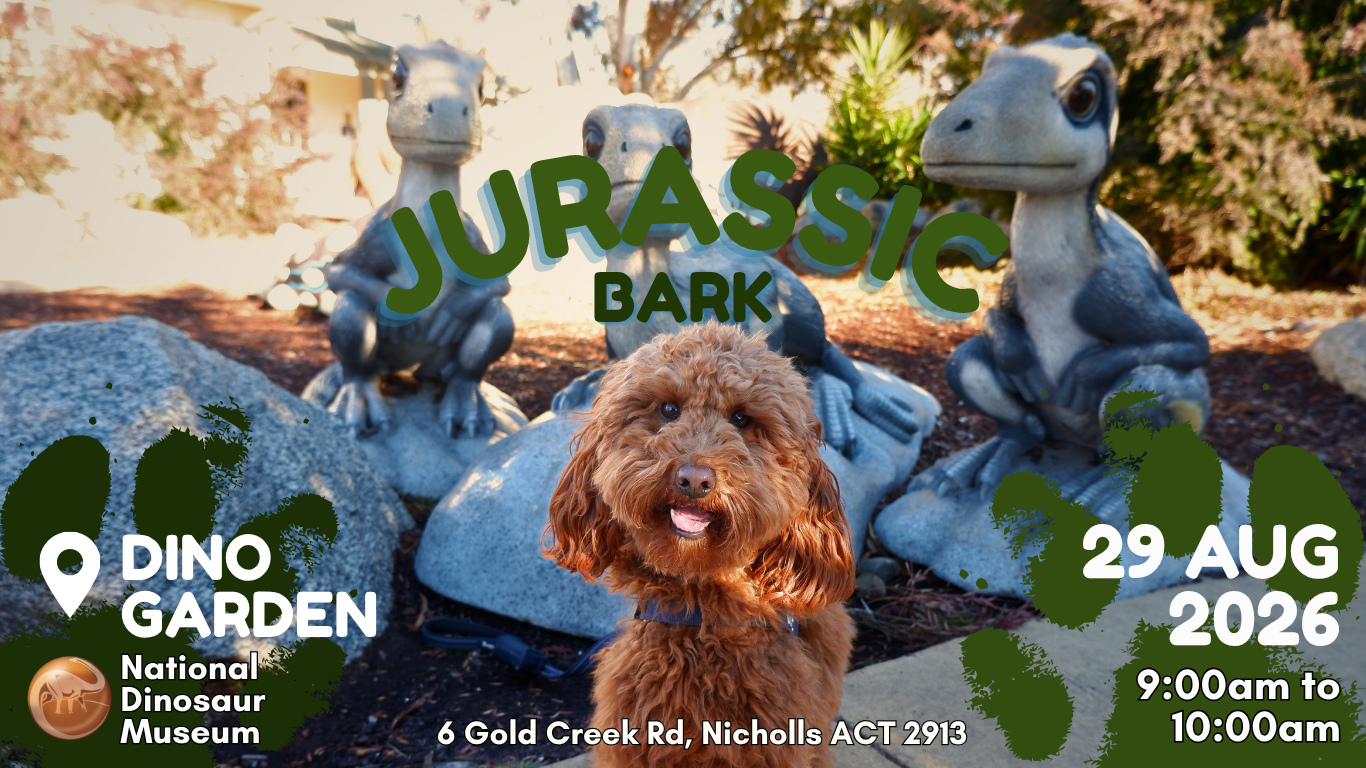 Dog in dinosaur garden with event details, 'Jurassic Bark', on August 29, 2026.